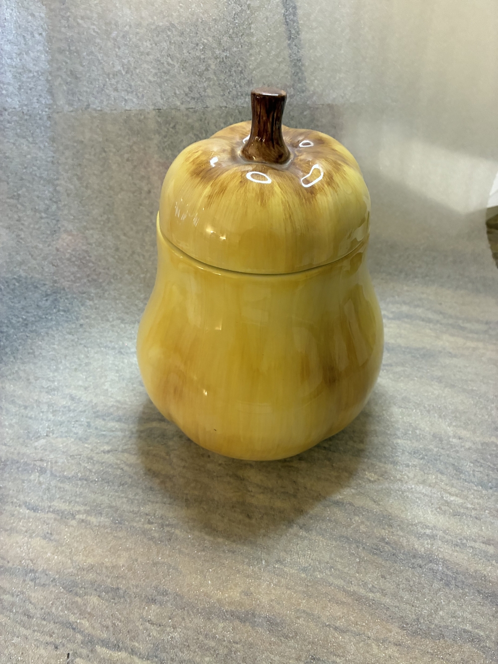 Yellow Ceramic Pear Jar with Brown Stem Lid